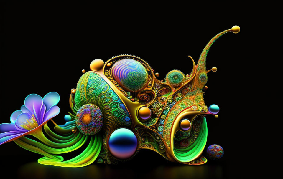 Abstract digital artwork: Vibrant fractal-inspired designs on black background