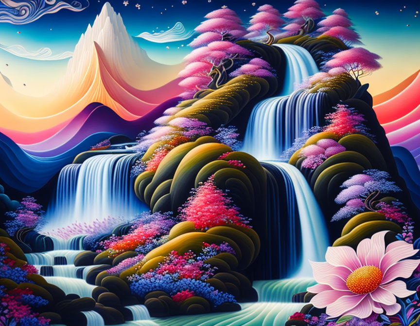 Colorful waterfalls cascade through floral hills with pink mountain under starry sky