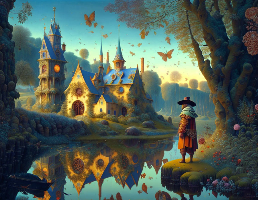 Whimsical castles, serene lake, and plumed figure in fantastical landscape