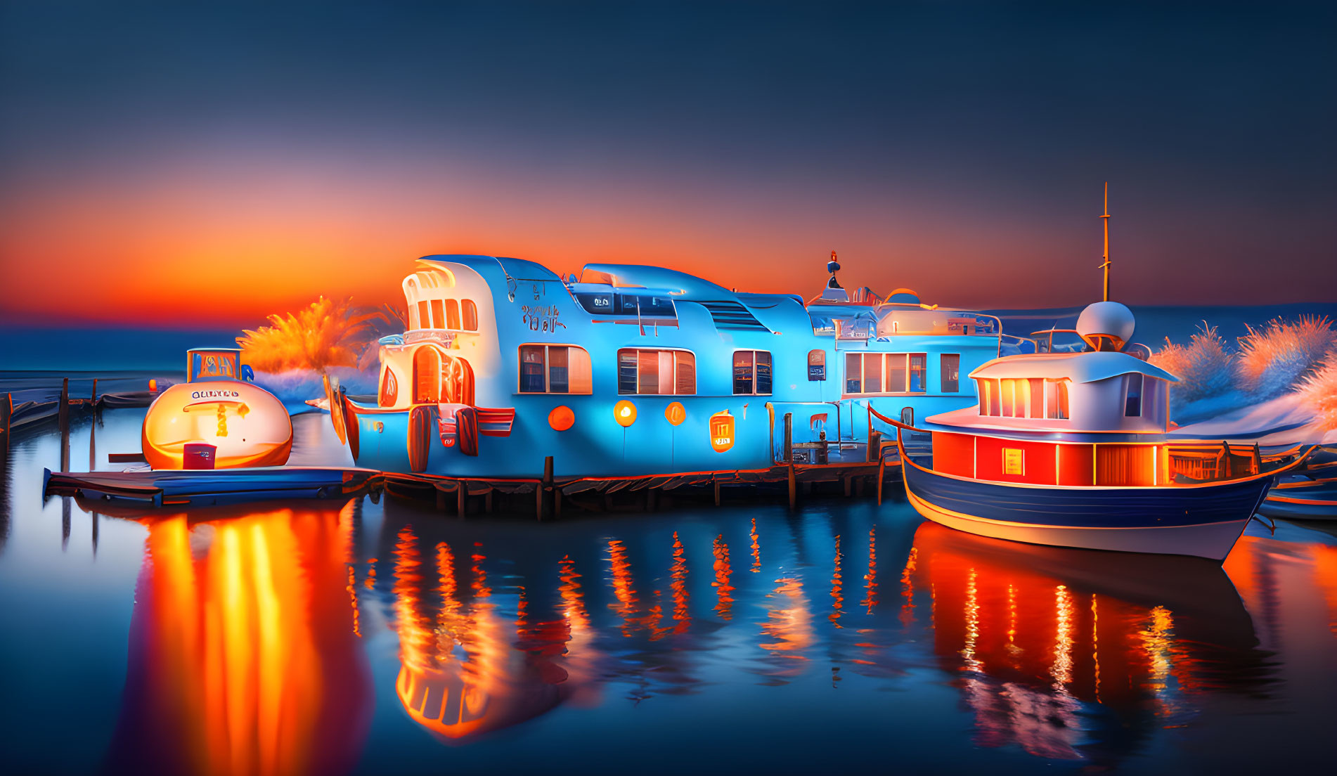 Colorful sunset scene with blue houseboat and small boat on calm waters