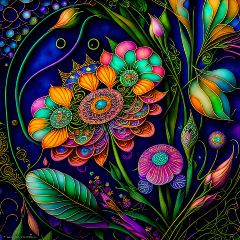 Colorful psychedelic flower illustration on dark background