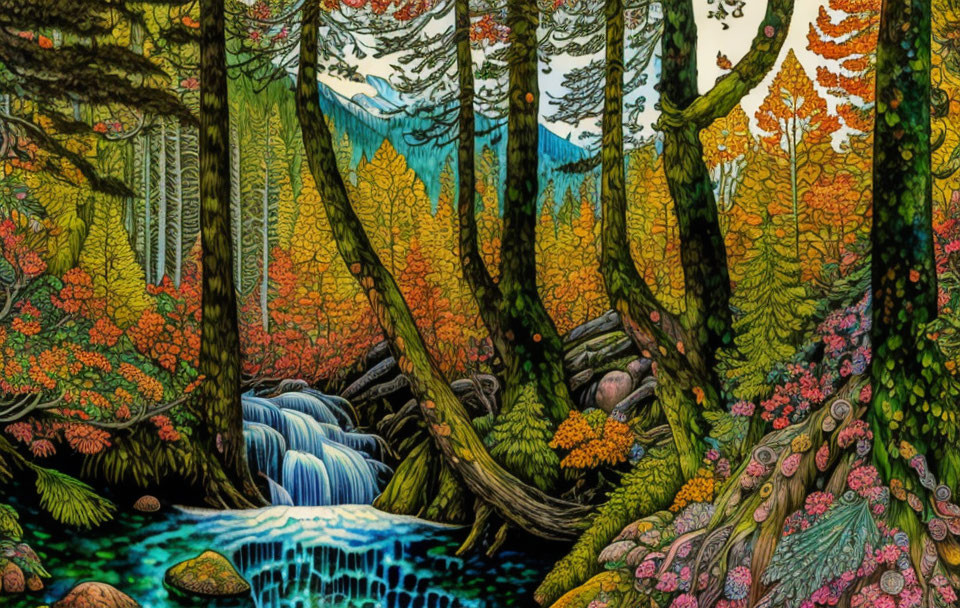 Colorful Forest Scene with Stream and Textural Contrasts