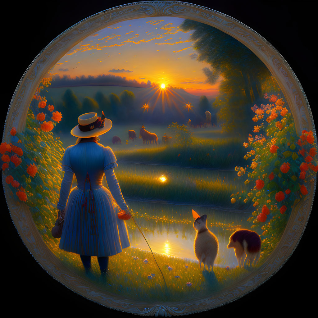 Woman with dog by pond at sunset, horses and flowers in oval frame