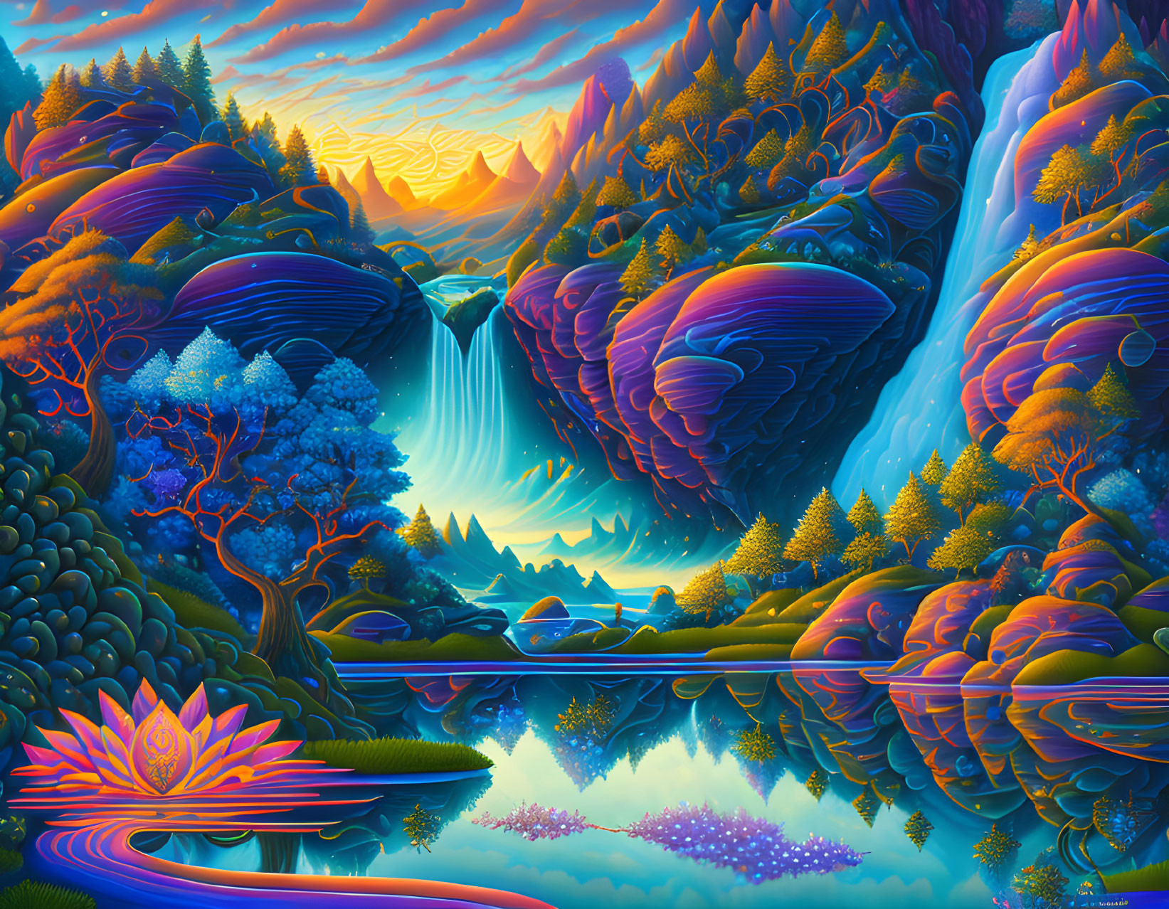 Surreal landscape with hills, waterfall, lake, whimsical trees, and lotus flower