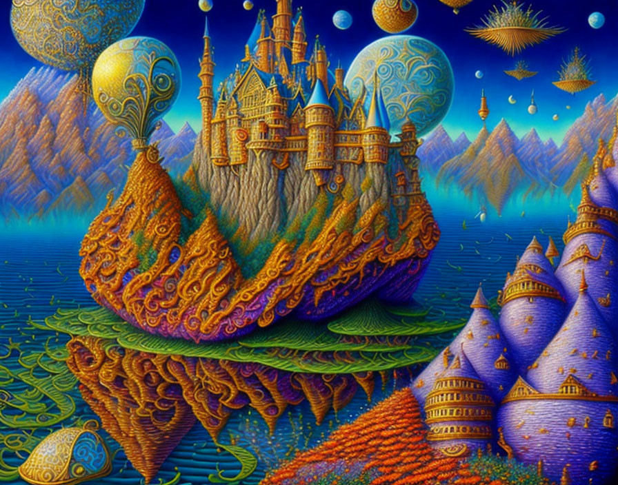 Fantastical landscape with floating castles, mountains, and starlit sky