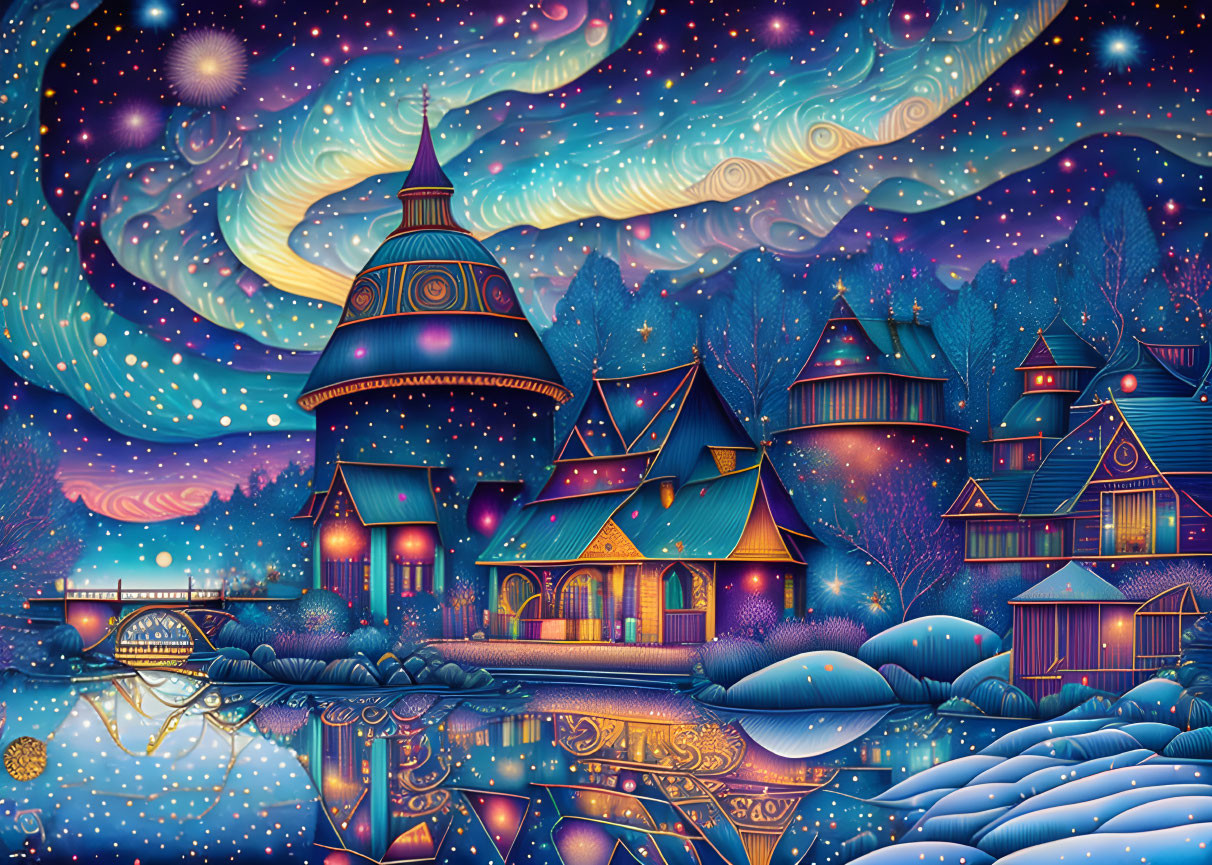 Whimsical fantasy village with sparkling river under starry sky