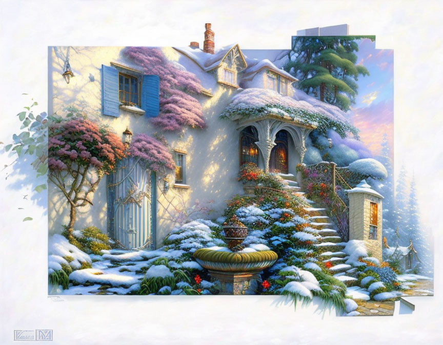 Charming snow-covered cottage with blue shutters in tranquil wintry scene