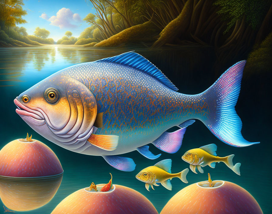 Surreal painting of large fish above water with smaller fishes and vibrant orange orbs in lush riverscape