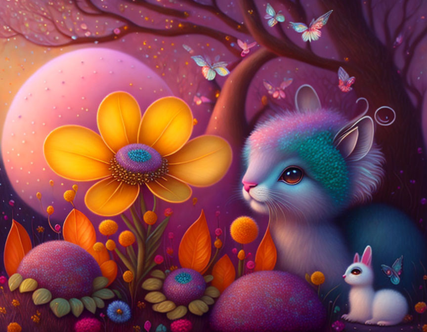 Vibrant fluffy creature, orange flower, whimsical bunnies in lush foliage