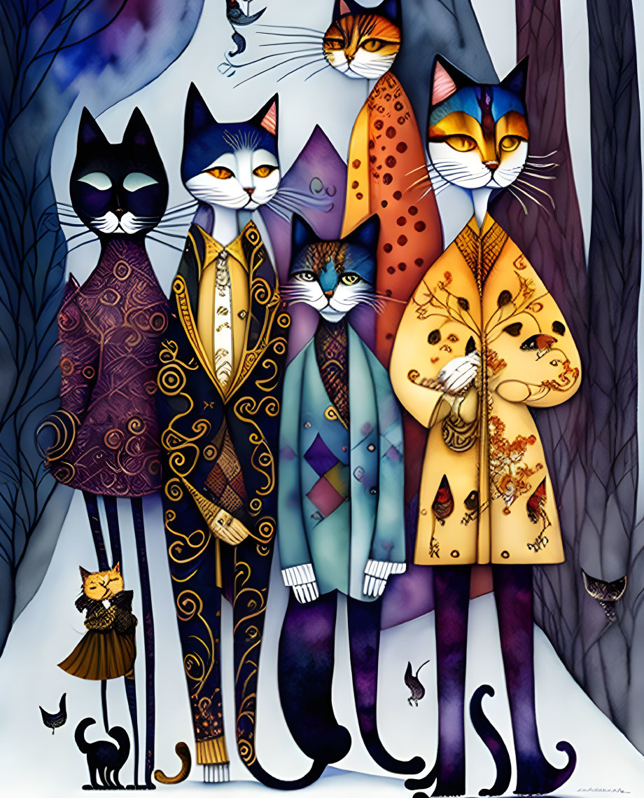 Anthropomorphic Cats in Stylish Outfits with Whimsical Forest Background