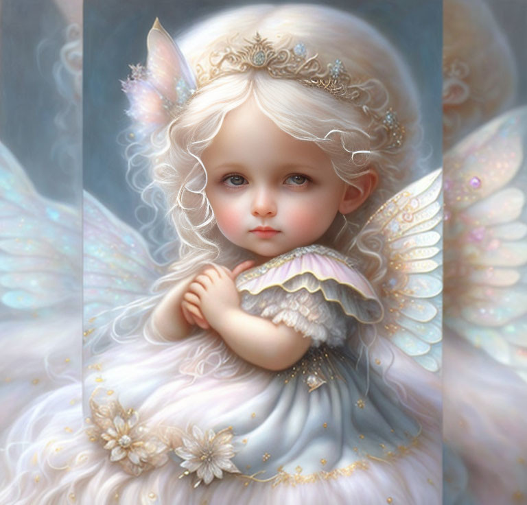 Blonde Curly-Haired Child Angel with White Wings and Crown