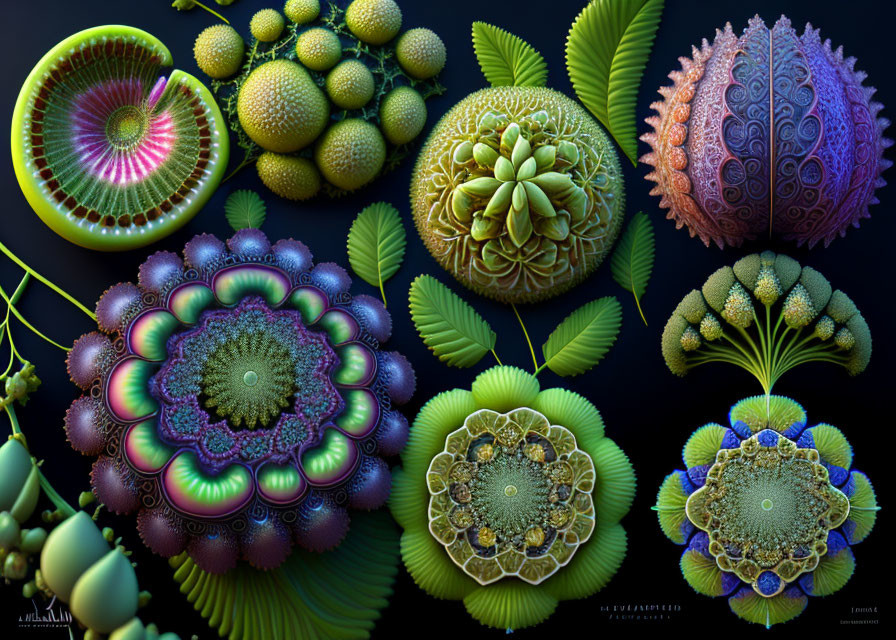 Colorful Fractal Patterns: Fantasy Flora on Dark Background