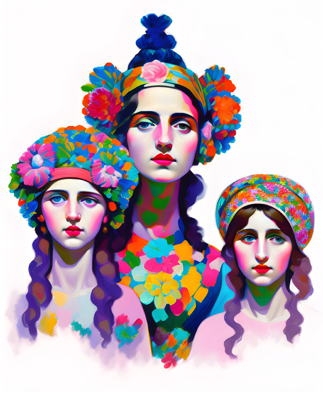 Colorful Floral Adorned Female Figures on White Background