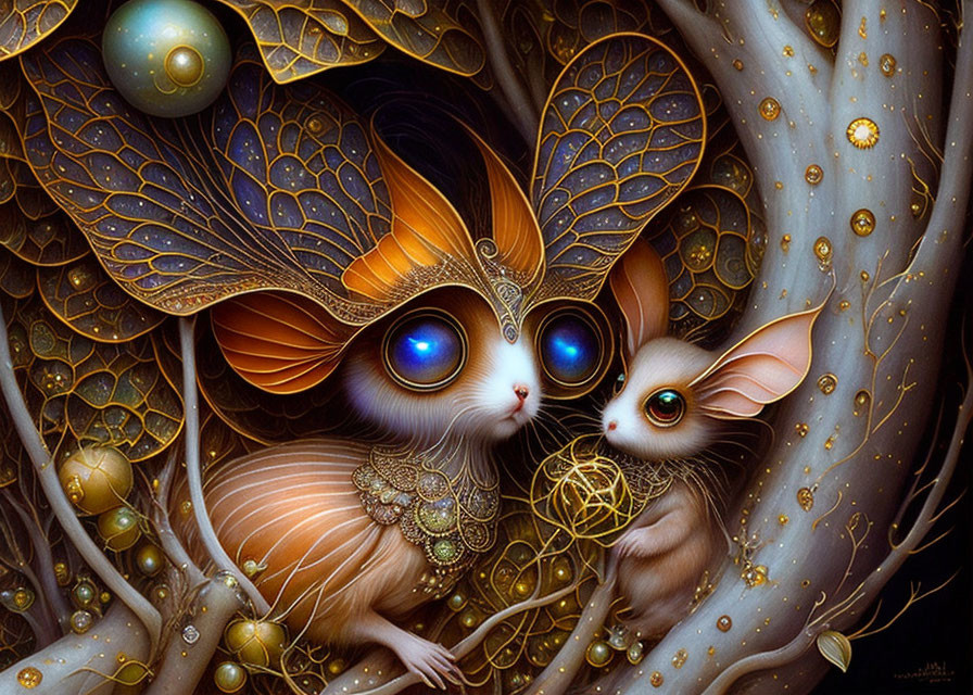 Fantastical rabbit-like creatures with butterfly wings in a mystical forest