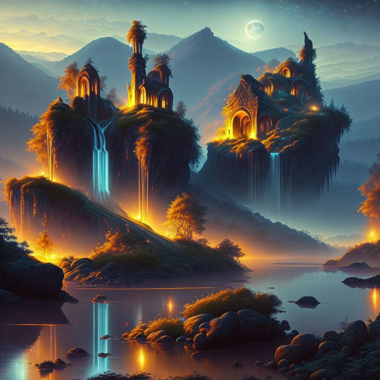 Nighttime fantasy landscape with ancient illuminated structures on lush floating islands.