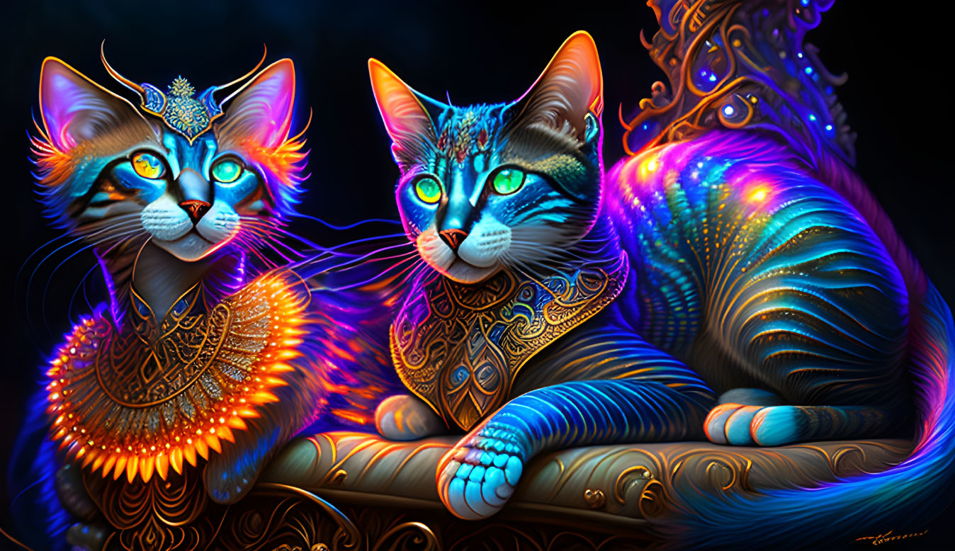 Vibrantly colored stylized cats with golden ornaments on mystical background