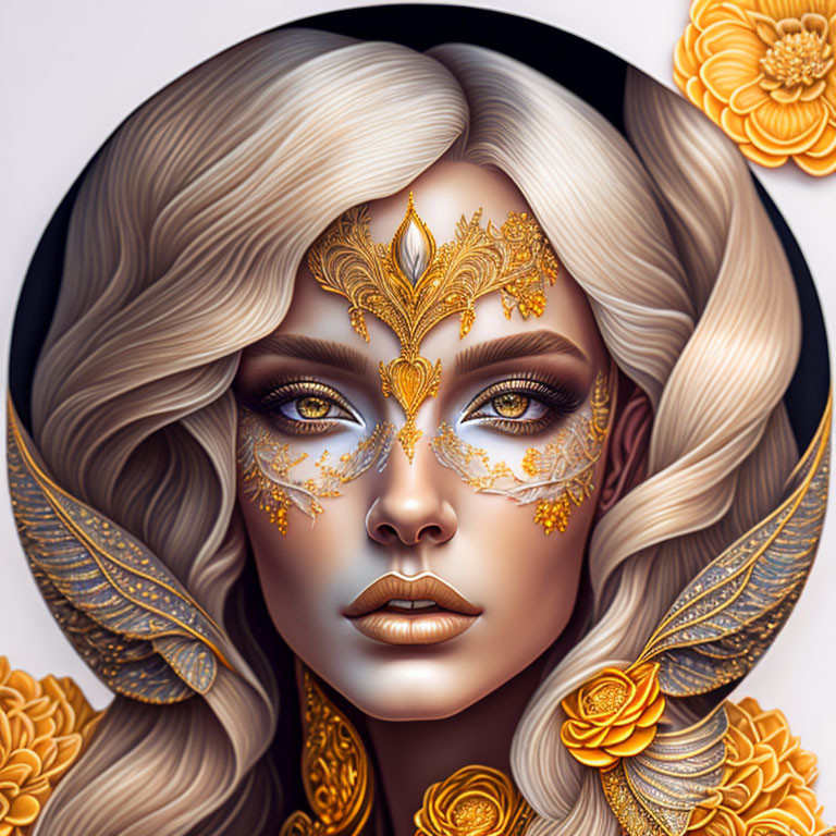 Detailed Illustration: Woman with Golden Facial Jewelry & Makeup Accents