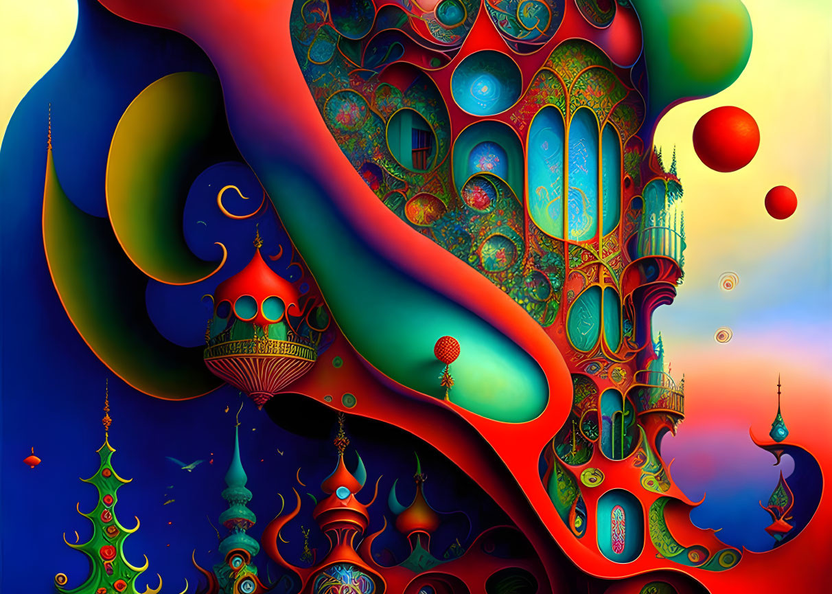 Colorful surrealistic artwork with fluid shapes and ornate patterns