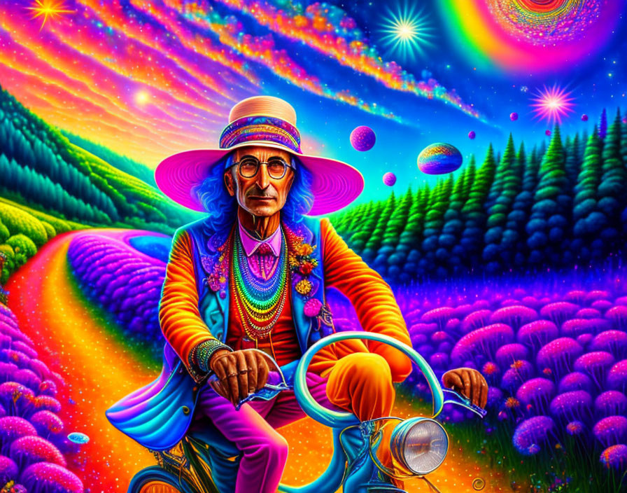 Colorful character on bicycle in fantastical psychedelic landscape