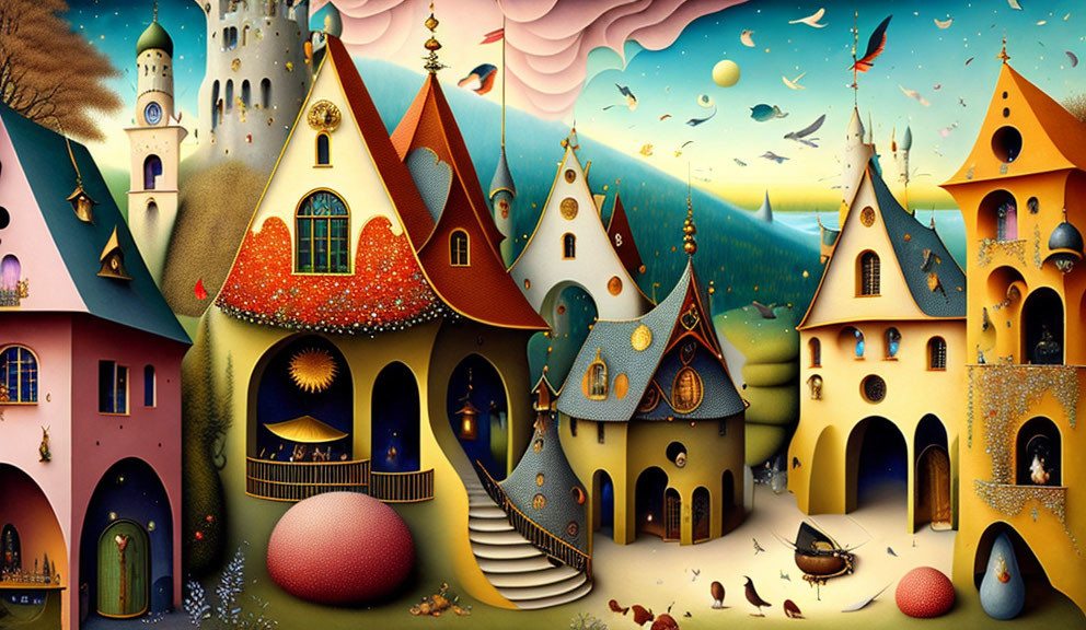 Colorful Village with Whimsical Houses, Castle, and Flying Fish in Dreamy Sky