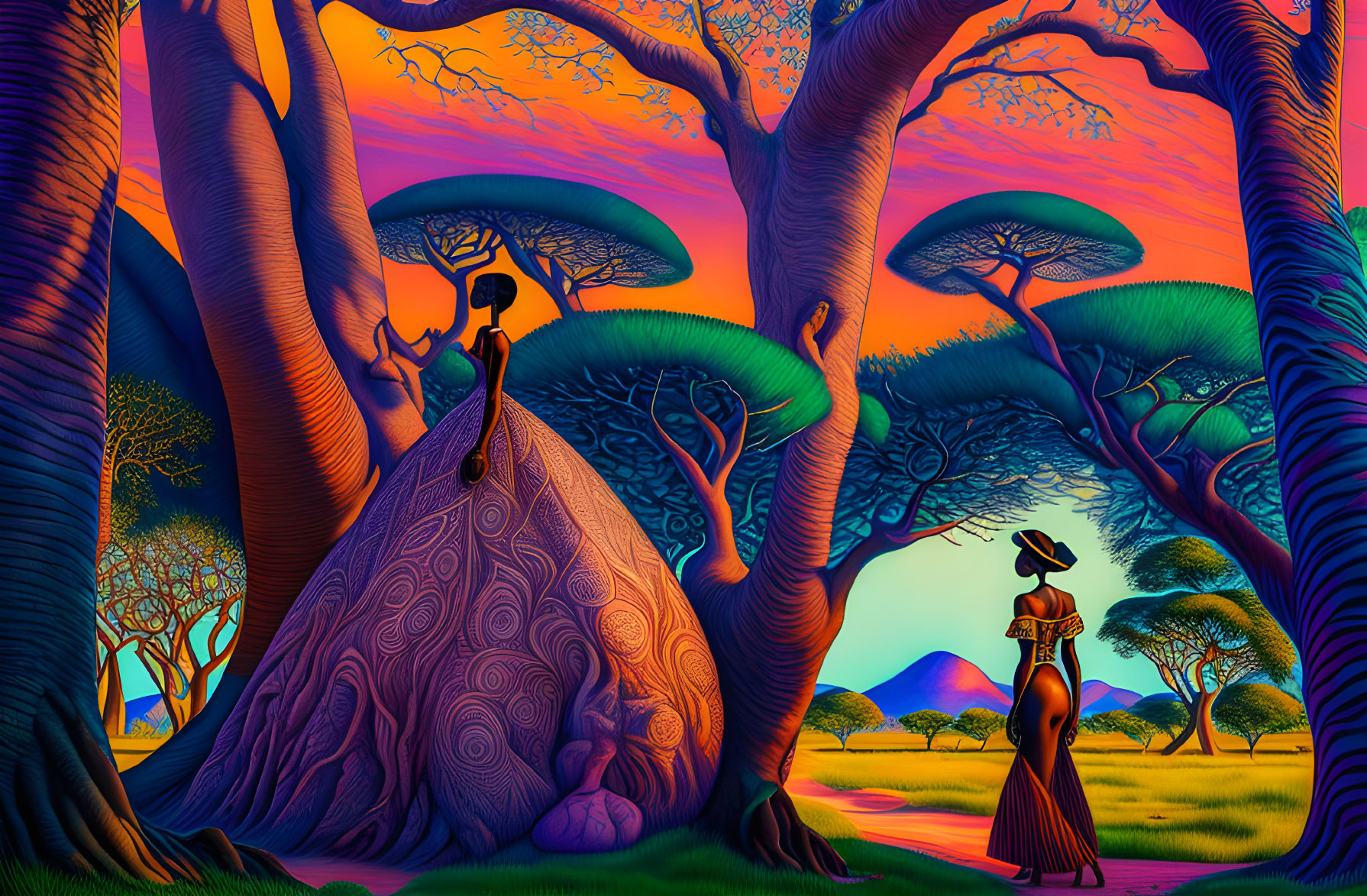 Colorful sunset sky with two people in elaborate dresses among fantastical trees