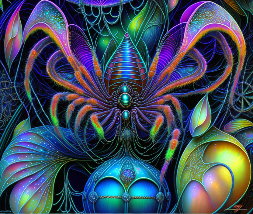 Colorful Psychedelic Digital Artwork: Abstract Butterfly Creature in Fantasy Scene