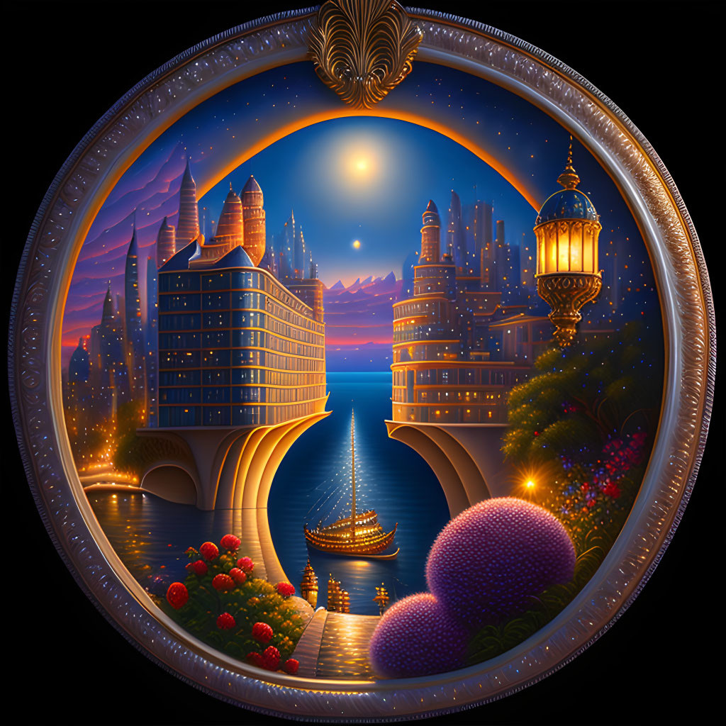 Fantastical night cityscape with illuminated buildings, bridge, boat, mountains under starry sky in