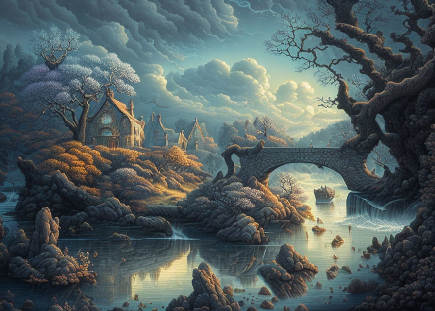 Tranquil fantasy landscape with old stone bridge, intricate trees, and quaint cottage in twilight hues