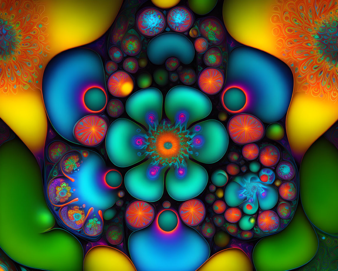 Colorful symmetrical digital fractal art in bold green, blue, orange, and yellow.