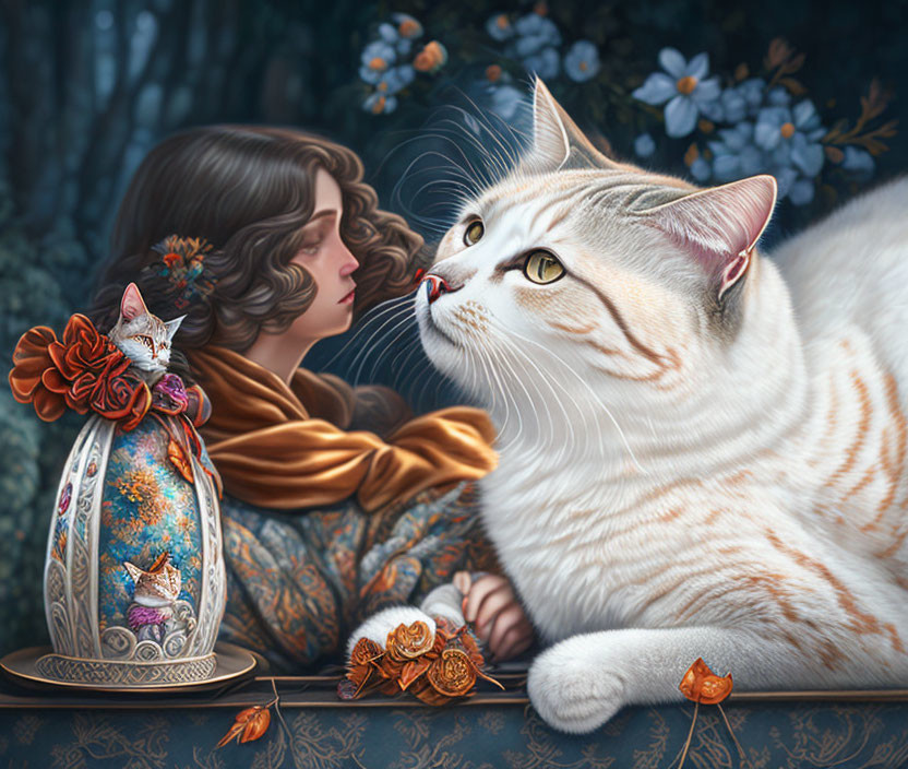 Illustration of woman and large cat with cat-themed vase and floral designs