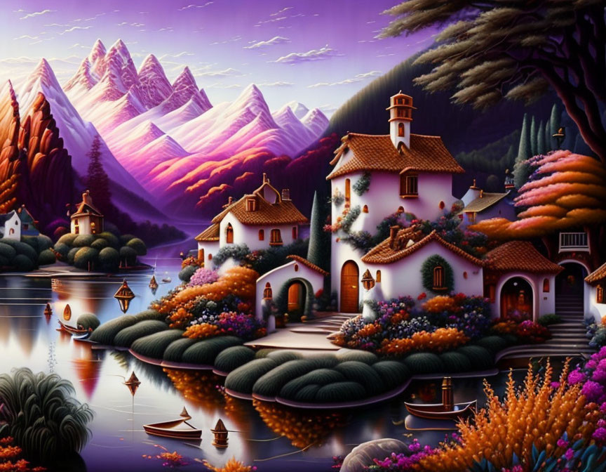 Scenic village painting with gardens, lake, and mountains at dusk