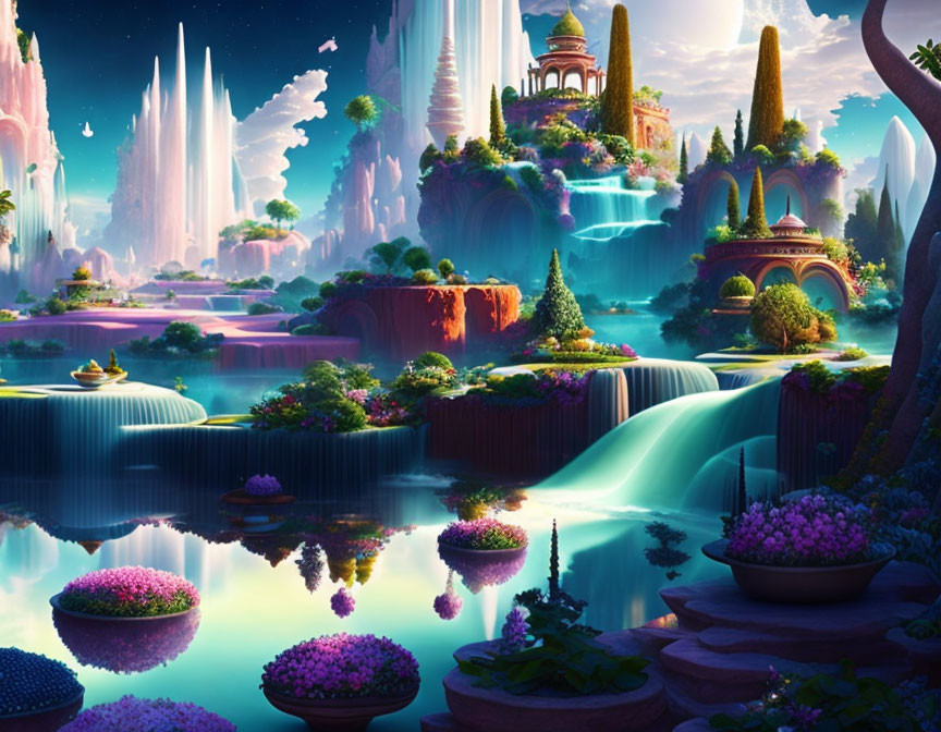 Fantasy landscape with waterfalls, greenery, clear waters, colorful structures