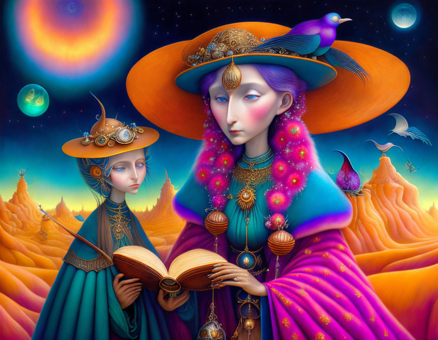 Colorful Stylized Women in Surreal Landscape with Bird and Planets