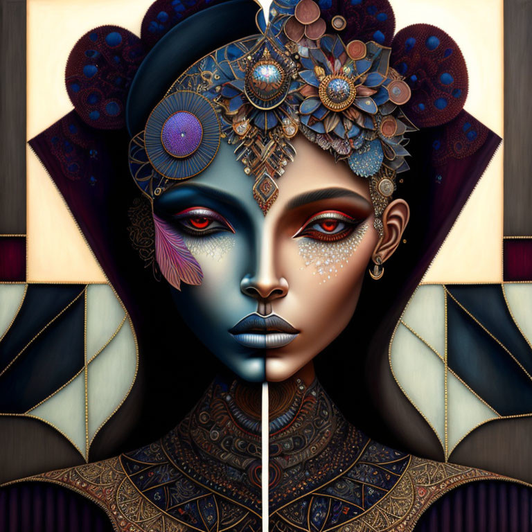 Blue-skinned figure with gold adornments and symmetrical face paint portrait.