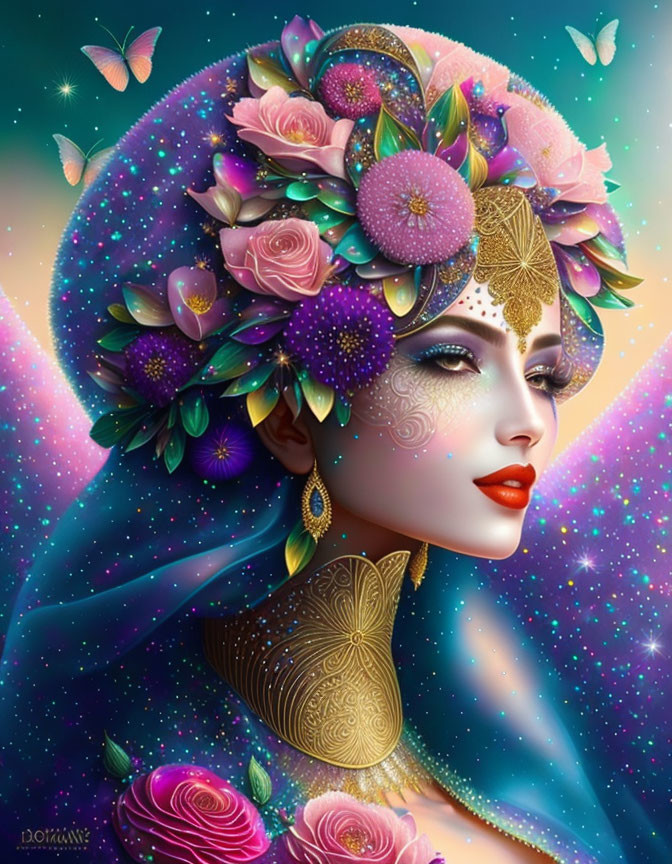 Colorful woman illustration with floral headdress and butterflies