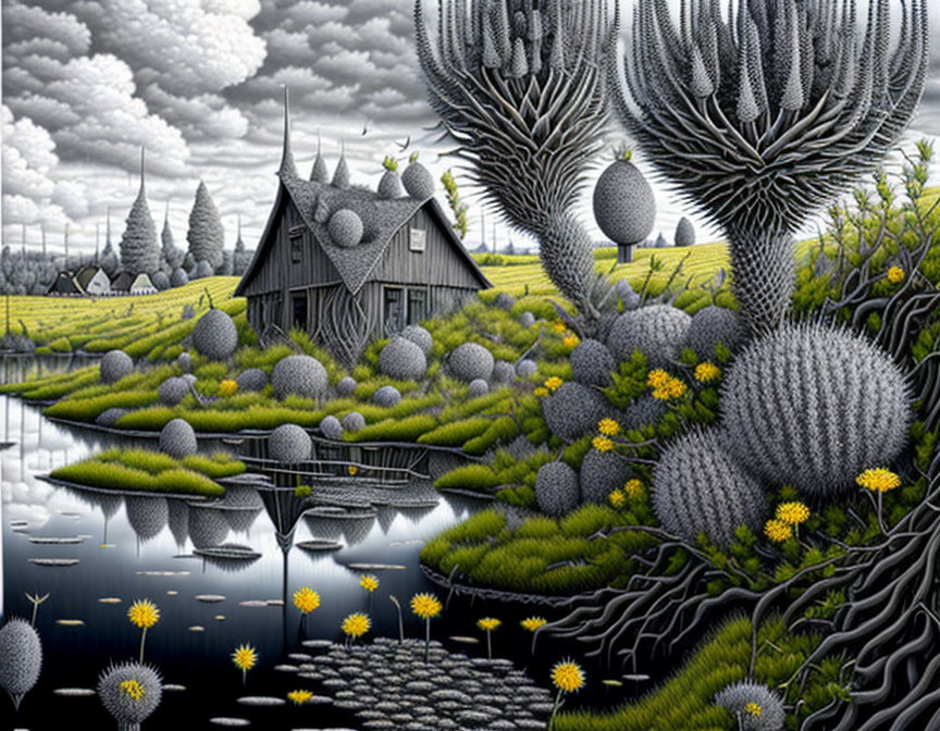 Surrealist grayscale landscape with cabin, pond, fantastical trees, and textured plants