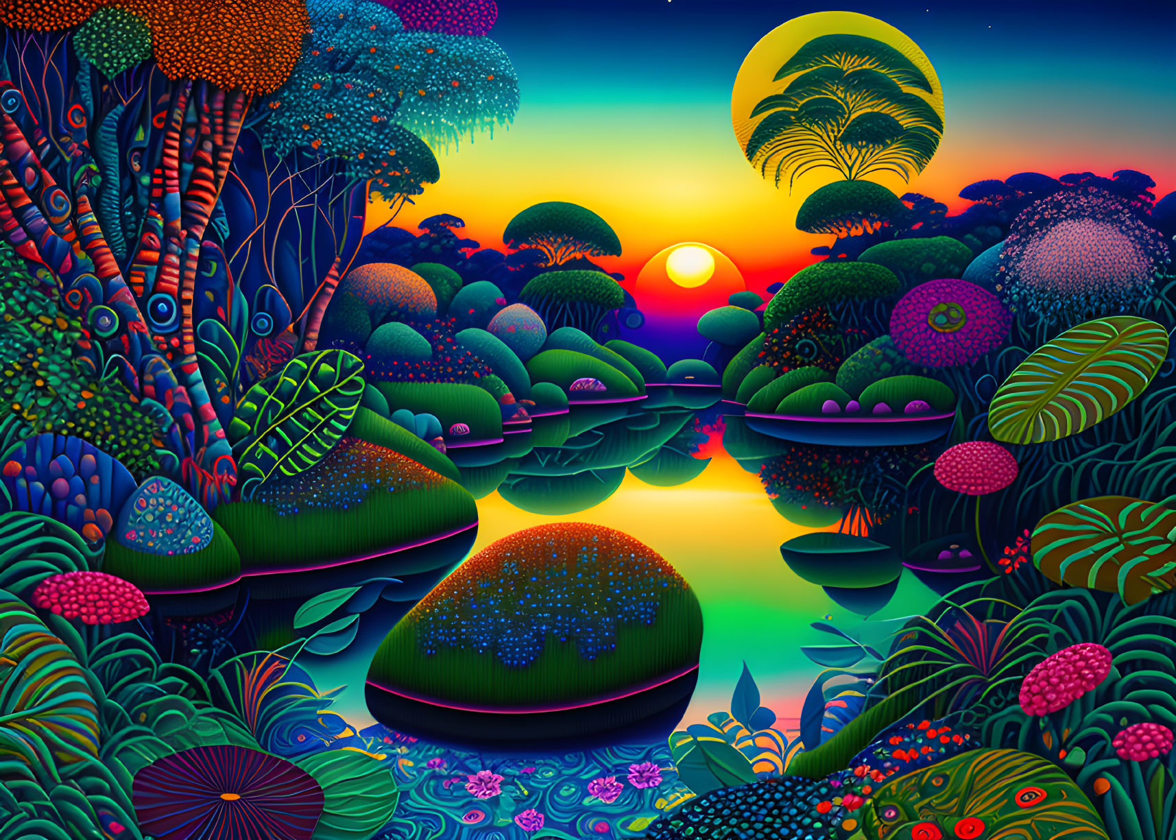 Surreal landscape with whimsical trees and colorful sunset