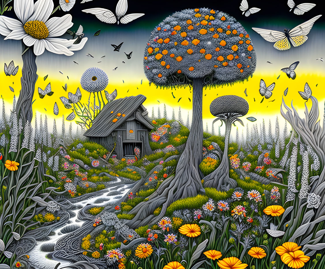 Colorful whimsical garden illustration with flowers, mushrooms, cabin, butterflies