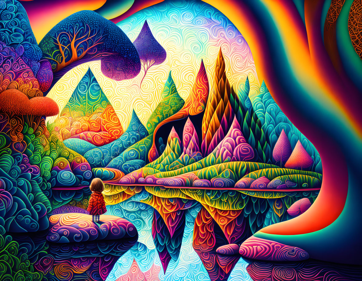 Colorful psychedelic landscape with swirling patterns and child overlooking stylized mountains