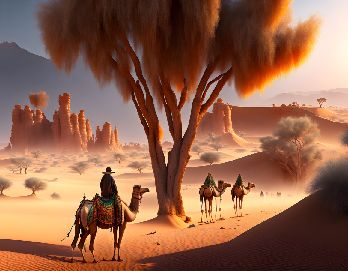 Desert scene with person leading camels at sunset