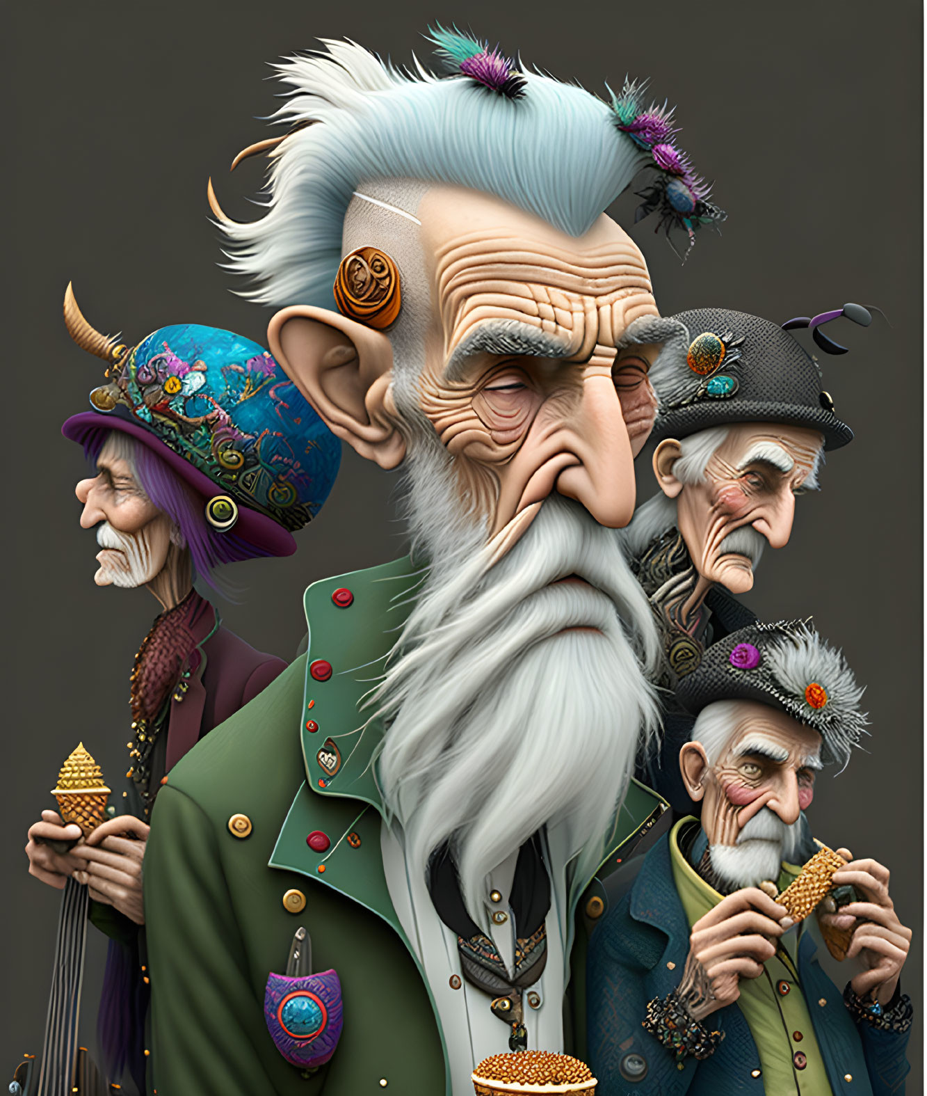 Eccentric elderly gentlemen with whimsical beards and hats