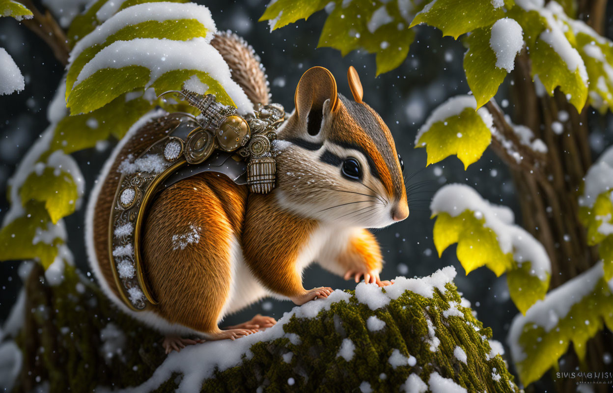 Digital Artwork: Chipmunk with Steampunk Backpack on Snowy Branch