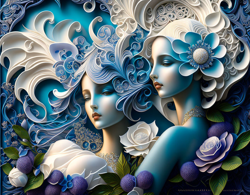 Artistic image of two stylized female figures with intricate blue and white hair designs and floral patterns.