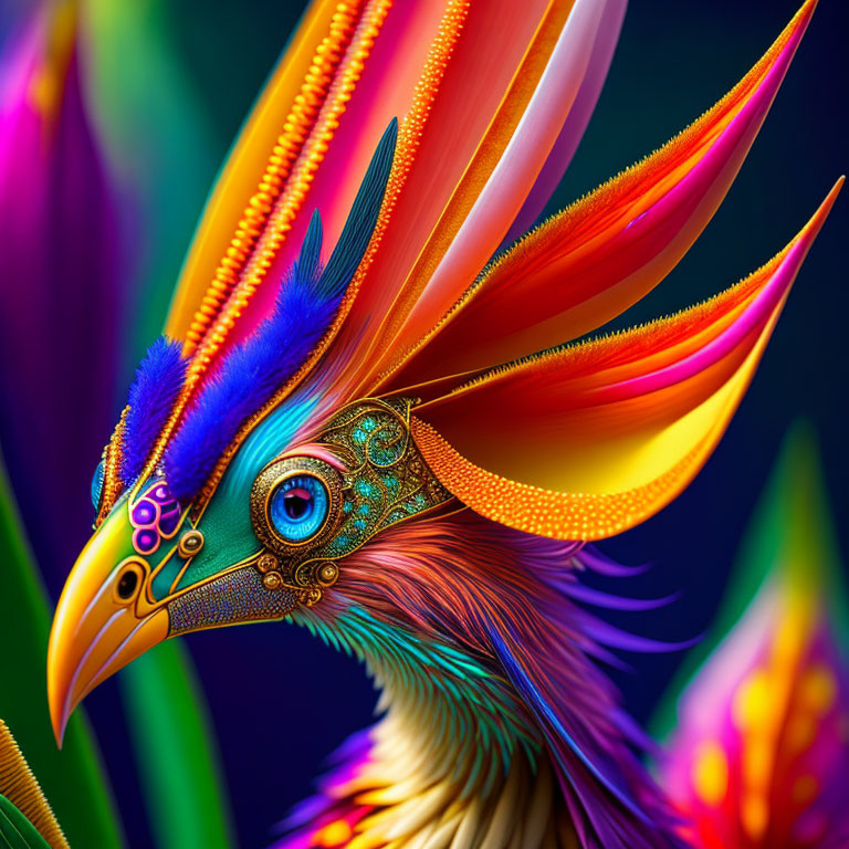 Colorful Bird with Mechanical Eye and Vibrant Feathers