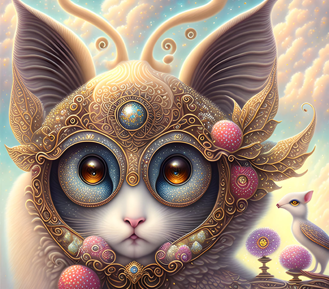 Whimsical digital artwork featuring cat with oversized eyes and golden mask surrounded by clouds and abstract florals