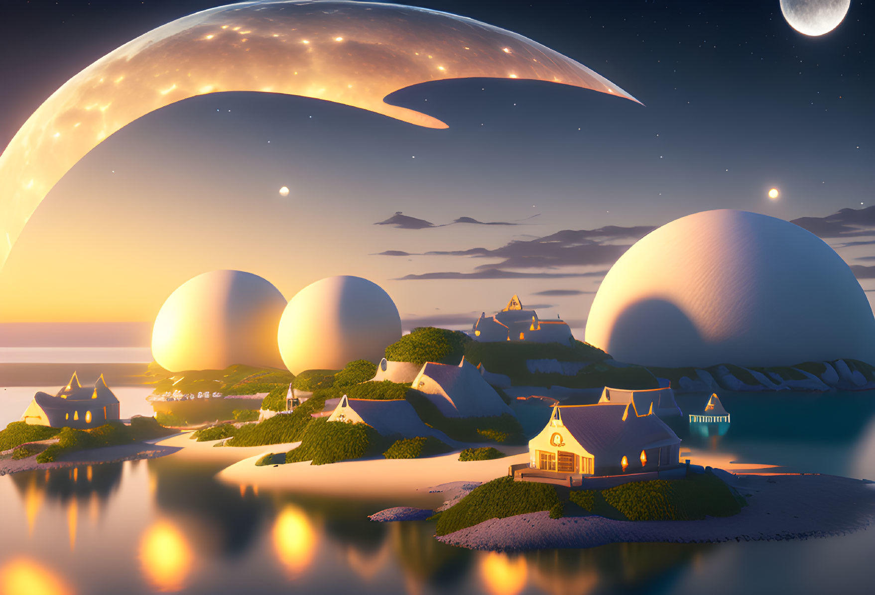 Futuristic fantasy landscape with domed structures and crescent moon