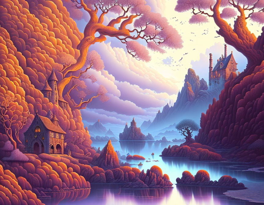 Vibrant purple and orange fantasy landscape with castle, lake, and whimsical trees