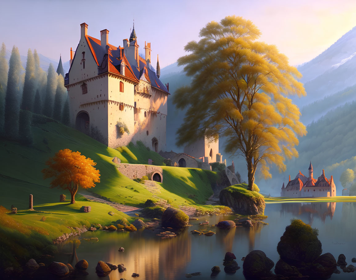 Illustration of fairy tale castle by lake with yellow tree and misty mountains