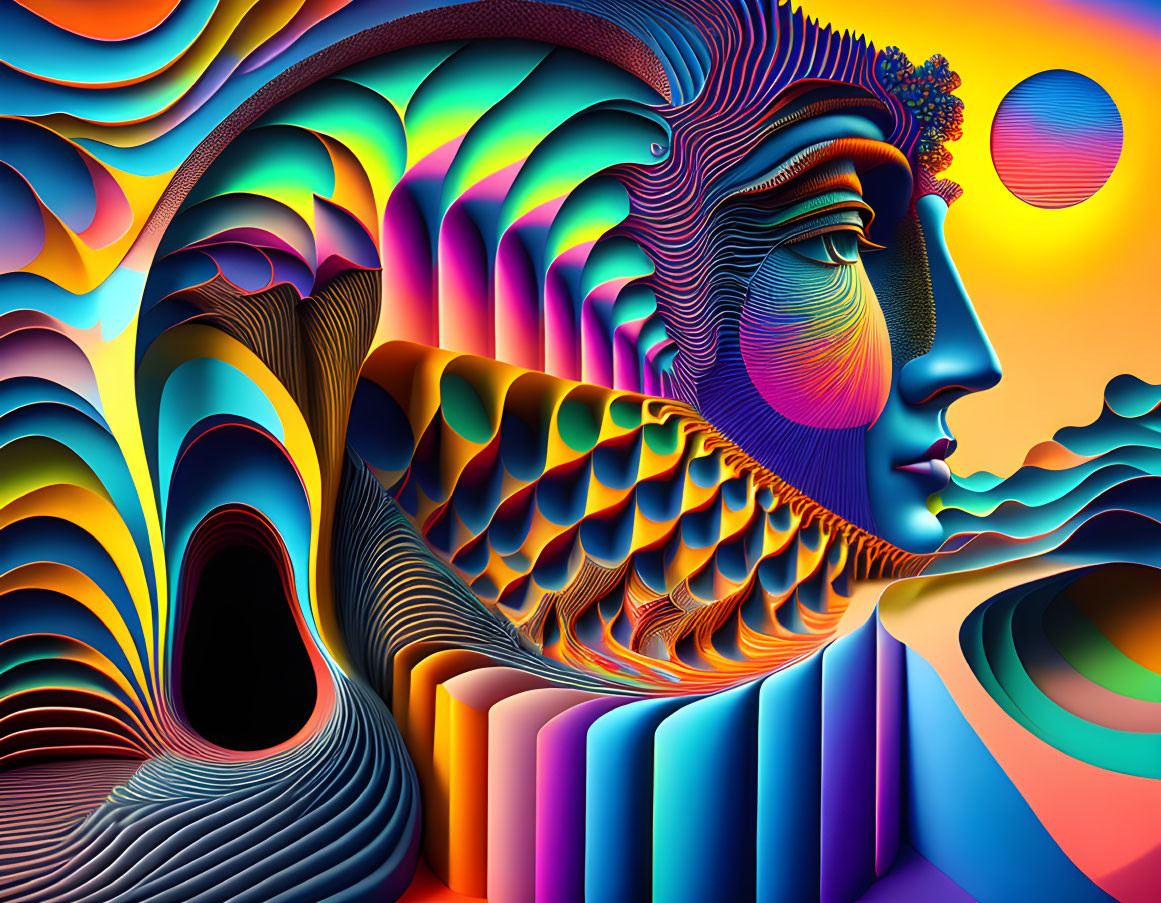 Colorful Abstract Art: Face Profile, Wavy Patterns, Orange, Blue & Yellow Gradient