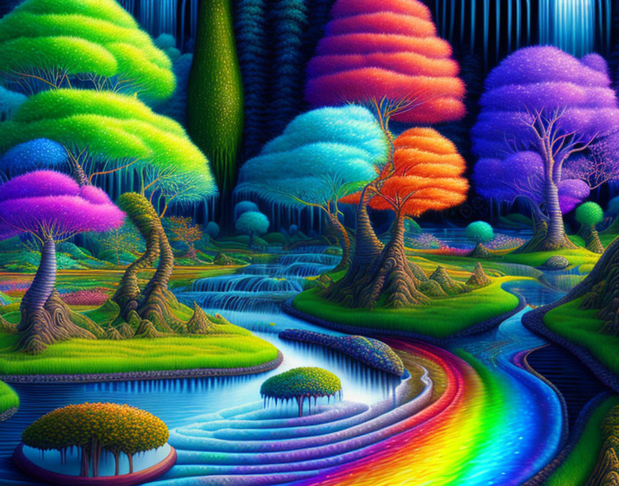 Colorful Fantasy Landscape with Rainbow Rivers and Twilight Sky